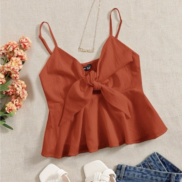 medium cami top front knot brick red minimalist top - Picture 2 of 3